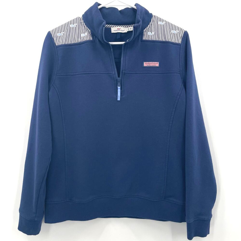 Vineyard‎ Vines Women's 1/4 Zip "Stripe Shoulder Shep Shirt" Whales, Size M
